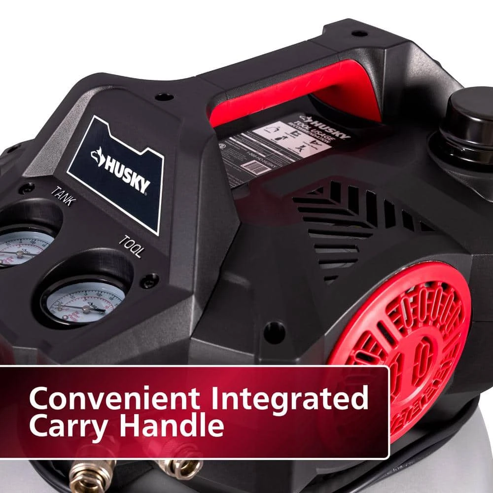 Husky 6 Gal. 150 PSI Portable Electric Oil-Free Quiet Jobsite Pancake Air Compressor With Aluminum Tank And 2-Quick Couplers 11 Husky 6 Gal. 150 PSI Portable Electric Oil-Free Quiet Jobsite Pancake Air Compressor With Aluminum Tank And 2-Quick Couplers - Image 9