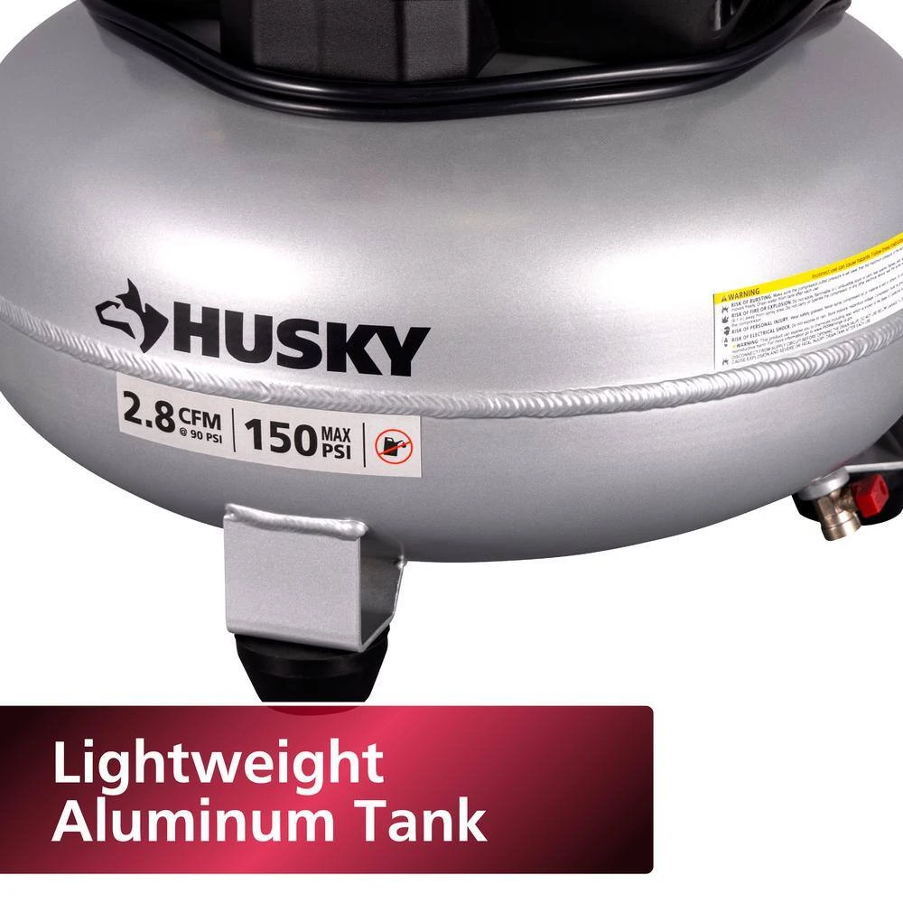 Husky 6 Gal. 150 PSI Portable Electric Oil-Free Quiet Jobsite Pancake Air Compressor With Aluminum Tank And 2-Quick Couplers 9 Husky 6 Gal. 150 PSI Portable Electric Oil-Free Quiet Jobsite Pancake Air Compressor With Aluminum Tank And 2-Quick Couplers - Image 7