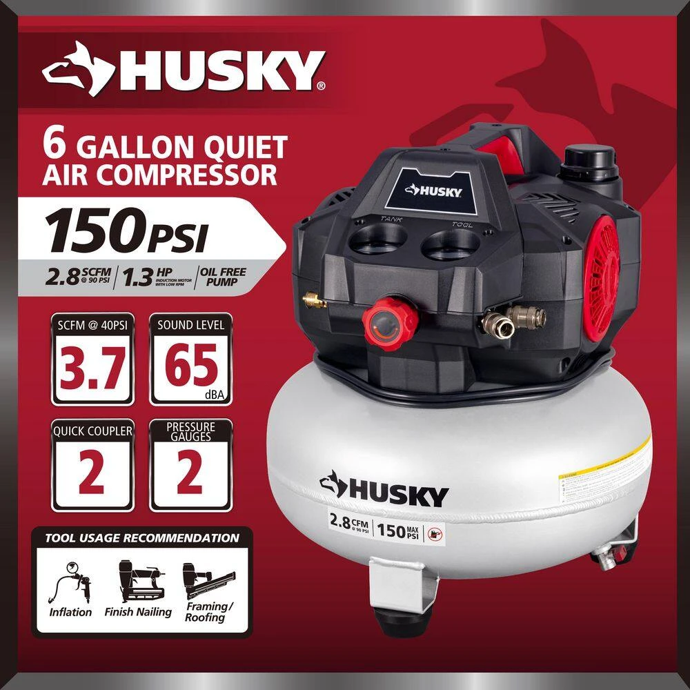 Husky 6 Gal. 150 PSI Portable Electric Oil-Free Quiet Jobsite Pancake Air Compressor With Aluminum Tank And 2-Quick Couplers 6 Husky 6 Gal. 150 PSI Portable Electric Oil-Free Quiet Jobsite Pancake Air Compressor With Aluminum Tank And 2-Quick Couplers - Image 4