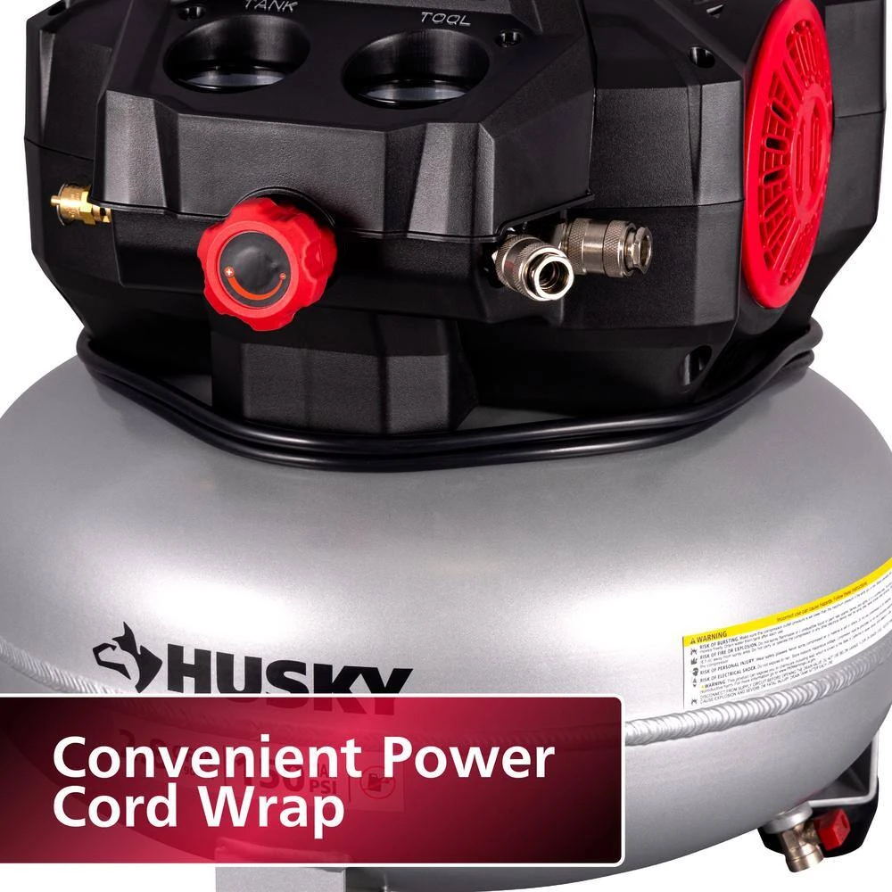 Husky 6 Gal. 150 PSI Portable Electric Oil-Free Quiet Jobsite Pancake Air Compressor With Aluminum Tank And 2-Quick Couplers 16 Husky 6 Gal. 150 PSI Portable Electric Oil-Free Quiet Jobsite Pancake Air Compressor With Aluminum Tank And 2-Quick Couplers - Image 14
