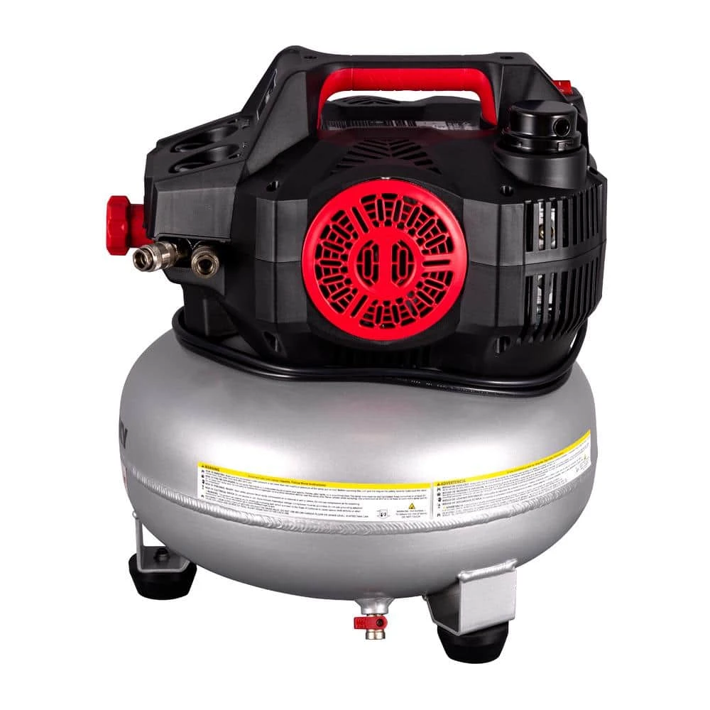 Husky 6 Gal. 150 PSI Portable Electric Oil-Free Quiet Jobsite Pancake Air Compressor With Aluminum Tank And 2-Quick Couplers 4 Husky 6 Gal. 150 PSI Portable Electric Oil-Free Quiet Jobsite Pancake Air Compressor With Aluminum Tank And 2-Quick Couplers - Image 2
