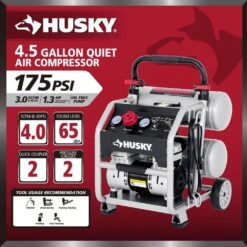 Husky 4.5 Gal. 175 PSI Portable Electric Oil-Free Quiet Twin Stack Jobsite Air Compressor W/Rubber Wheels And 2-Quick Couplers -Husky Tools Shop husky portable air compressors 3320445 a0 1000