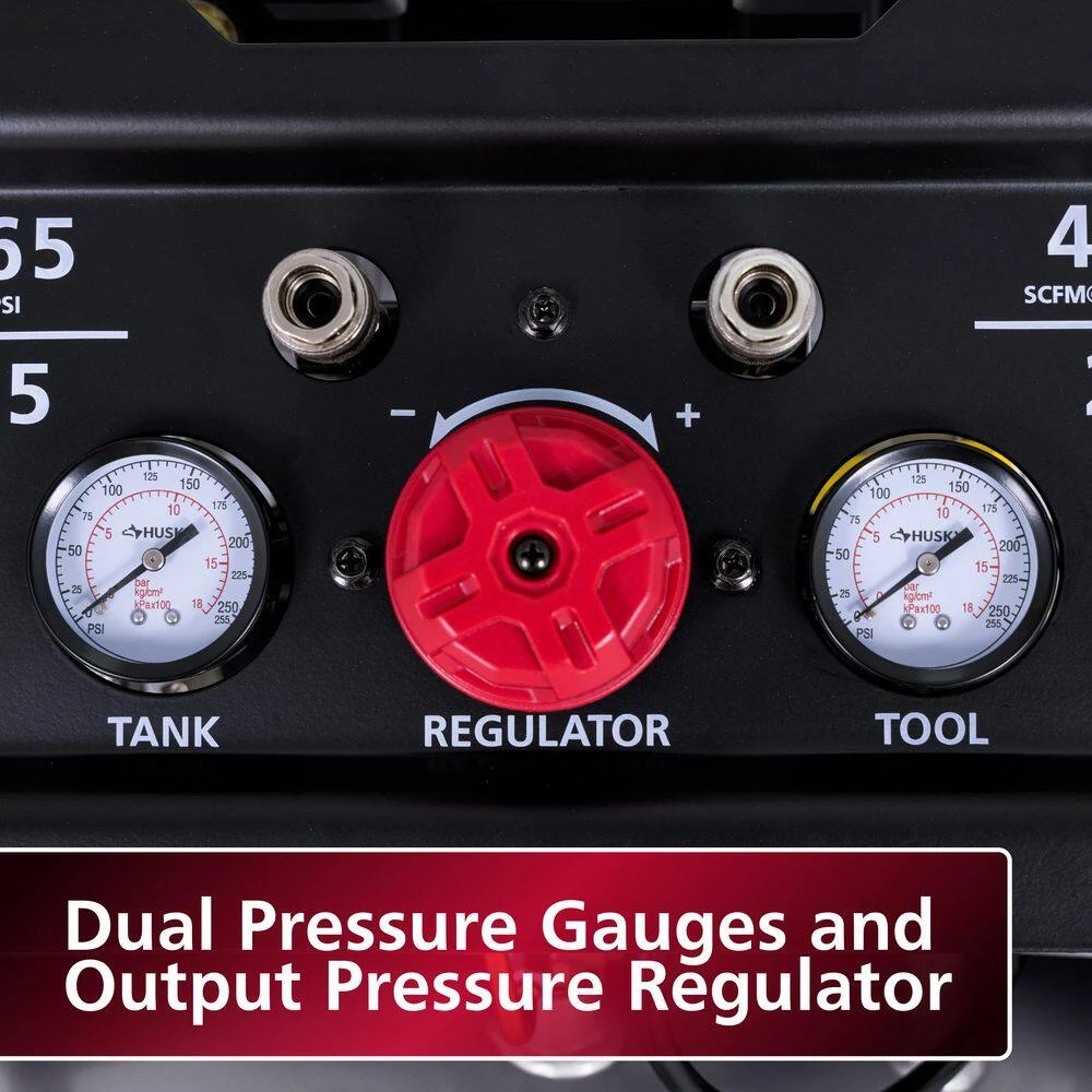 Husky 20 Gal.165 PSI Vertical Electric Oil-Free Quiet Auto/Workshop Air Compressor With Dual Gauges And 2-Quick Couplers 11 Husky 20 Gal.165 PSI Vertical Electric Oil-Free Quiet Auto/Workshop Air Compressor With Dual Gauges And 2-Quick Couplers - Image 9