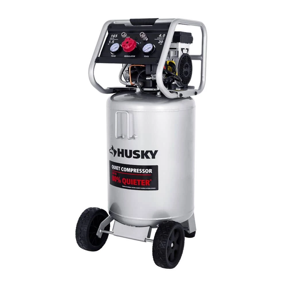 Husky 20 Gal.165 PSI Vertical Electric Oil-Free Quiet Auto/Workshop Air Compressor With Dual Gauges And 2-Quick Couplers 3 Husky 20 Gal.165 PSI Vertical Electric Oil-Free Quiet Auto/Workshop Air Compressor With Dual Gauges And 2-Quick Couplers