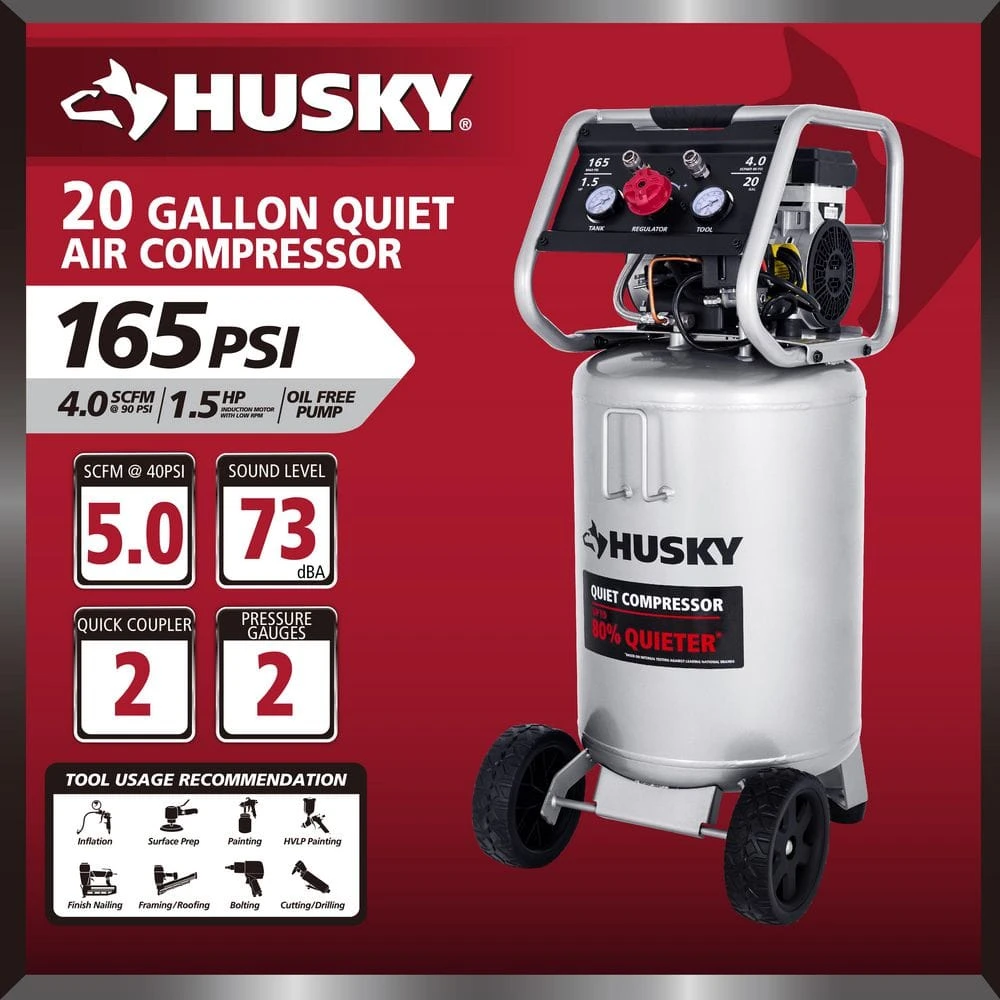 Husky 20 Gal.165 PSI Vertical Electric Oil-Free Quiet Auto/Workshop Air Compressor With Dual Gauges And 2-Quick Couplers 6 Husky 20 Gal.165 PSI Vertical Electric Oil-Free Quiet Auto/Workshop Air Compressor With Dual Gauges And 2-Quick Couplers - Image 4
