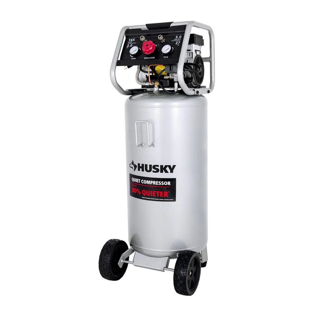 Husky 27 Gal.165 PSI Vertical Electric Oil-Free Quiet Auto/Workshop Air Compressor With Dual Gauges And 2-Quick Couplers 3 Husky 27 Gal.165 PSI Vertical Electric Oil-Free Quiet Auto/Workshop Air Compressor With Dual Gauges And 2-Quick Couplers
