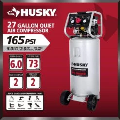 Husky 27 Gal.165 PSI Vertical Electric Oil-Free Quiet Auto/Workshop Air Compressor With Dual Gauges And 2-Quick Couplers 18 Husky 27 Gal.165 PSI Vertical Electric Oil-Free Quiet Auto/Workshop Air Compressor With Dual Gauges And 2-Quick Couplers -Husky Tools Shop husky portable air compressors 3332741 a0 1000