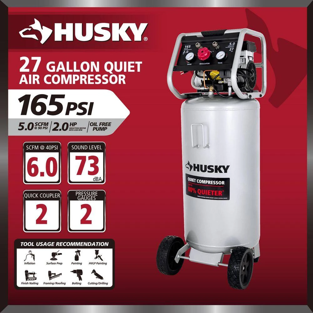 Husky 27 Gal.165 PSI Vertical Electric Oil-Free Quiet Auto/Workshop Air Compressor With Dual Gauges And 2-Quick Couplers 6 Husky 27 Gal.165 PSI Vertical Electric Oil-Free Quiet Auto/Workshop Air Compressor With Dual Gauges And 2-Quick Couplers - Image 4