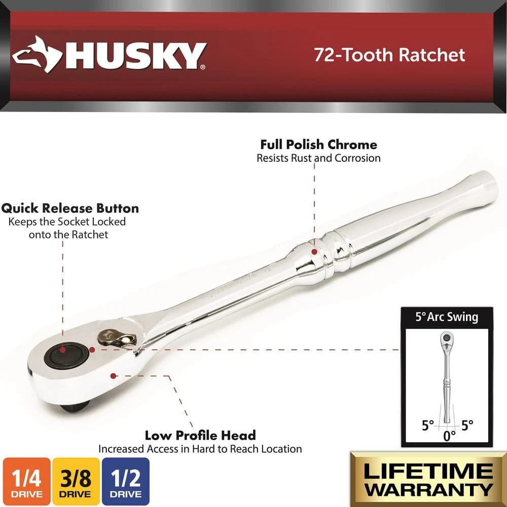 Husky 1/4 In., 3/8 In., And 1/2 In. 72-Tooth Ratchet And Accessory Set In (14-Piece) 4 Husky 1/4 In., 3/8 In., And 1/2 In. 72-Tooth Ratchet And Accessory Set In (14-Piece) - Image 2