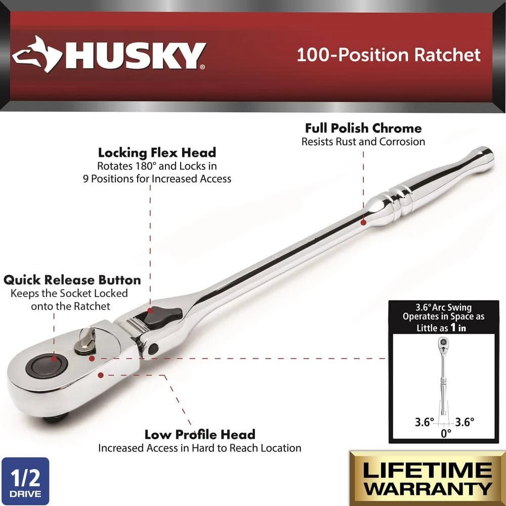Husky 1/2 In. Drive 100-Position Chrome Locking Flex-Head Ratchet 4 Husky 1/2 In. Drive 100-Position Chrome Locking Flex-Head Ratchet - Image 2