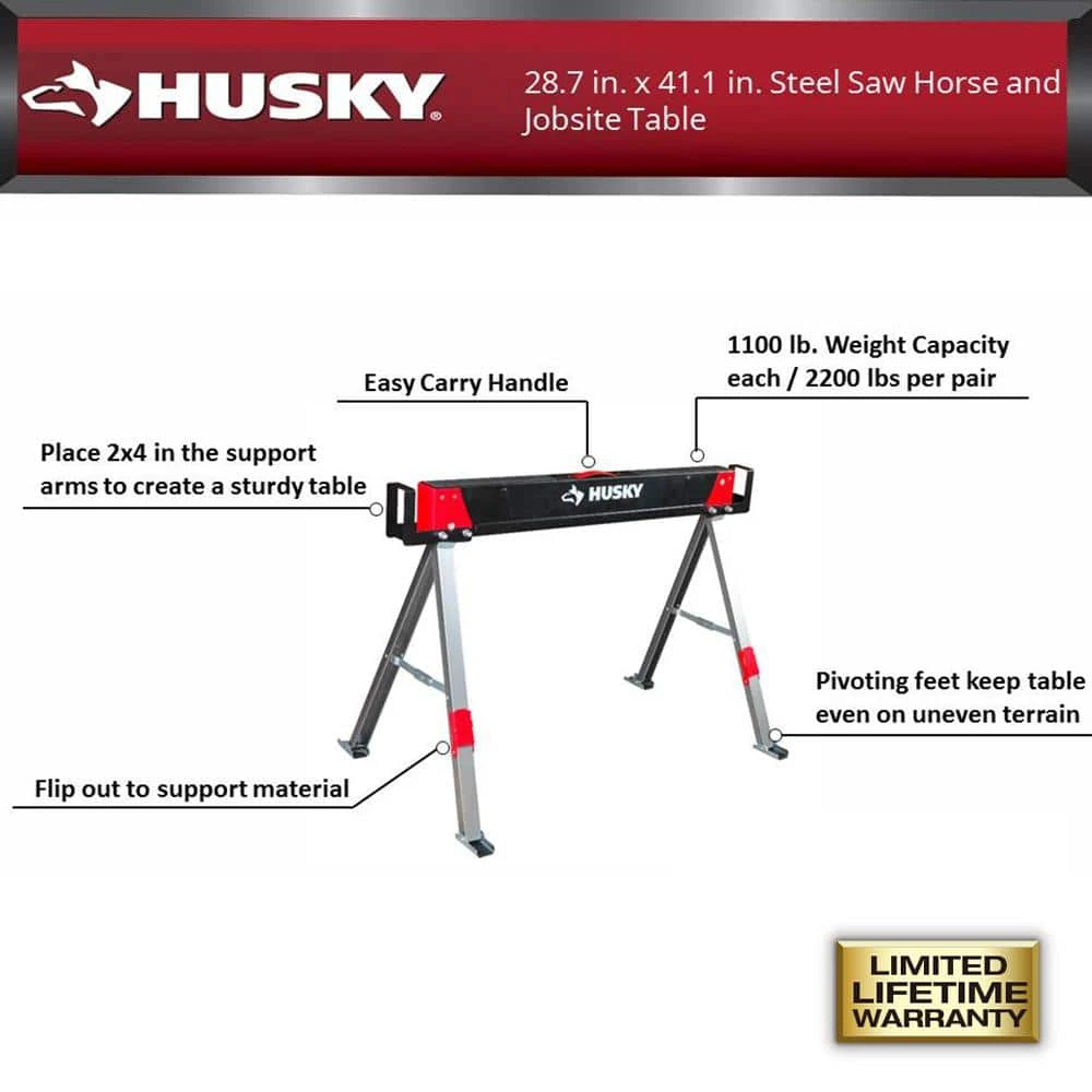 Husky 28.7 In. X 41.1 In. Steel Saw Horse And Jobsite Table With 1100 Lbs. Capacity - 1 Each 4 Husky 28.7 In. X 41.1 In. Steel Saw Horse And Jobsite Table With 1100 Lbs. Capacity - 1 Each - Image 2