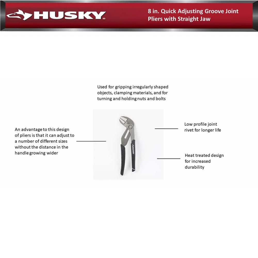 Husky 8 In. Quick Adjusting Groove Joint Pliers With Straight Jaw 7 Husky 8 In. Quick Adjusting Groove Joint Pliers With Straight Jaw - Image 5
