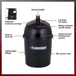 Husky 2.5 Gallon 3.0 Peak HP Wet Dry Vac Shop Vacuum With Locking Hose, Wet Filter, Dry Filter, Crevice And Gulper Nozzles -Husky Tools Shop husky wet dry vacuums at18105p 2 1d 1000