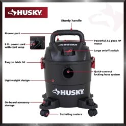 Husky 4 Gallon 3.0 Peak HP Wet Dry Vac Shop Vacuum With Locking Hose, Wands, Filters, Crevice, Gulper And Floor Nozzles -Husky Tools Shop husky wet dry vacuums at18303p 4a 1d 1000