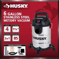 Husky 6 Gallon 4.0 Peak HP Stainless Steel Wet Dry Vac Shop Vacuum With Locking Hose, Wands, Filters, Dust Bag And Attachments -Husky Tools Shop husky wet dry vacuums at18304 6b a0 1000