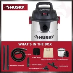 Husky 10 Gal. 6.0 Peak HP Stainless Steel Wet Dry Vac Shop Vacuum With Locking Hose, Filters, Dust Bag And Attachments -Husky Tools Shop husky wet dry vacuums at18503 10c 66 1000