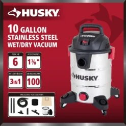 Husky 10 Gal. 6.0 Peak HP Stainless Steel Wet Dry Vac Shop Vacuum With Locking Hose, Filters, Dust Bag And Attachments -Husky Tools Shop husky wet dry vacuums at18503 10c a0 1000