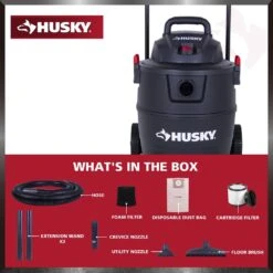 Husky 16 Gallon 6.5 Peak HP Wet Dry Vac Shop Vacuum Cart With Locking Hose, Wands, Filters, Dust Bag And Accessory Attachments -Husky Tools Shop husky wet dry vacuums at18621p 16a 66 1000