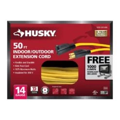 Husky 14/3 50 Ft. Yellow Extension Cord With 1,000 Lumen Work Light
