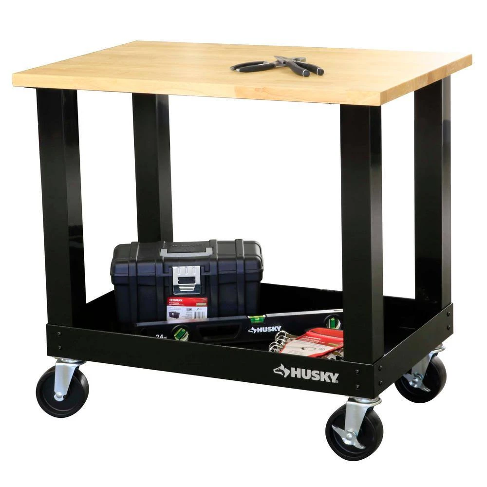 Husky Ready-To-Assemble 3 Ft. Portable Solid Wood Top Workbench With Casters In Black 5 Husky Ready-To-Assemble 3 Ft. Portable Solid Wood Top Workbench With Casters In Black - Image 3