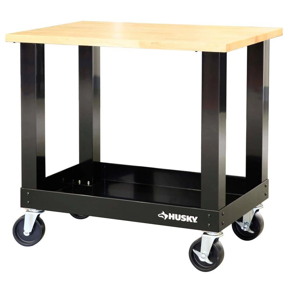 Husky Ready-To-Assemble 3 Ft. Portable Solid Wood Top Workbench With Casters In Black 3 Husky Ready-To-Assemble 3 Ft. Portable Solid Wood Top Workbench With Casters In Black