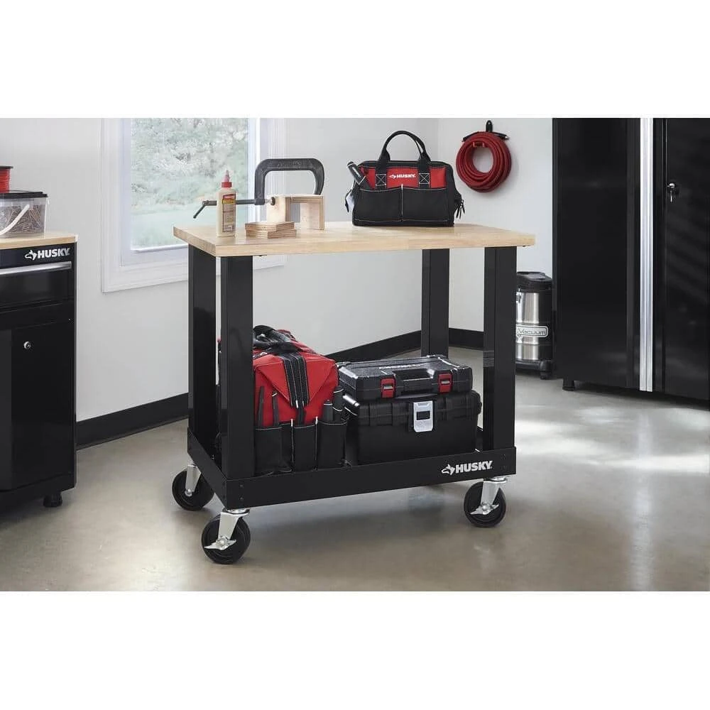 Husky Ready-To-Assemble 3 Ft. Portable Solid Wood Top Workbench With Casters In Black 4 Husky Ready-To-Assemble 3 Ft. Portable Solid Wood Top Workbench With Casters In Black - Image 2