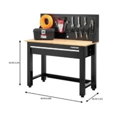 Husky 48 In. W X 20 In. D 1-Drawer Black Workbench With Pegboard And Solid Wood Top -Husky Tools Shop husky workbenches g4801s us 76 1000