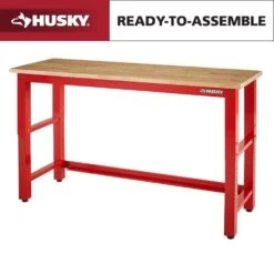 Husky Ready To Assemble 72 In. W X 24 In. D Adjustable Height Red Workbench With Solid Wood Top