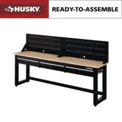 Husky Ready-To-Assemble 96 In. W X 20 In. 3-Drawer Black Workbench With Solid Wood Top And Pegboard