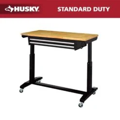 Husky Tool Storage 46 In. W X 24 In. D 2-Drawer Adjustable Height Black Worktable With Solid Wood Top