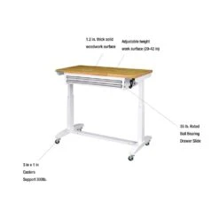 Husky 46 In. W X 24 In. D 2-Drawer Adjustable Height White Worktable With Solid Wood Top -Husky Tools Shop husky workbenches holt4602bj2 1d 1000