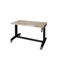 Husky 46 In. W X 24 In. DAdjustable Height Black Workbench Table With Solid Wood Top