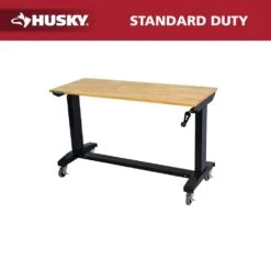 Husky 46 In. Wide X 18 In. Deep Adjustable Height Work Table With Wood Top, Gloss Black