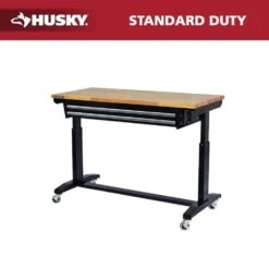 Husky 52 In. W X 24 In. D 2-Drawer Adjustable Height Blaxk Work Table With Solid Wood Top
