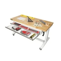 Husky 52 In. W X 24 In. D 2-Drawer Adjustable Height White Workbench Table With Solid Wood Top -Husky Tools Shop husky workbenches holt5202bj2 44 1000