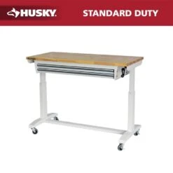 Husky 52 In. W X 24 In. D 2-Drawer Adjustable Height White Workbench Table With Solid Wood Top