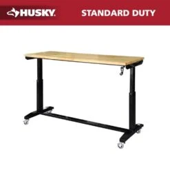 Husky 62 In. W X 24 In. D Adjustable Height Black Workbench Table With Solid Wood Top