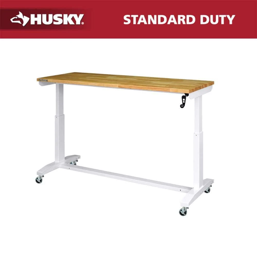 Husky 62 In. W X 24 In. D Adjustable Height White Worktable With Solid Wood Top 3 Husky 62 In. W X 24 In. D Adjustable Height White Worktable With Solid Wood Top