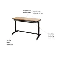 Husky 62 In. W X 24 In. D 2-Drawer Adjustable Height Black Workbench Table With Solid Wood Top -Husky Tools Shop husky workbenches hotl6202b12 1d 1000