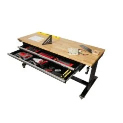 Husky 62 In. W X 24 In. D 2-Drawer Adjustable Height Black Workbench Table With Solid Wood Top -Husky Tools Shop husky workbenches hotl6202b12 66 1000