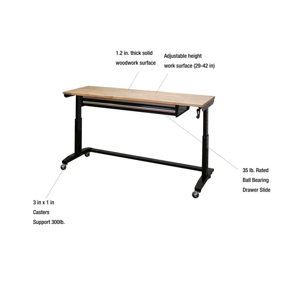 Husky 72 In. W X 24 In. D 2-Drawer Adjustable Height Black Workbench Table With Solid Wood Top 4 Husky 72 In. W X 24 In. D 2-Drawer Adjustable Height Black Workbench Table With Solid Wood Top - Image 2