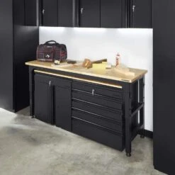 Husky 76 In. W X 23 In. D Adjustable Height Black Workbench With Solid Wood Top -Husky Tools Shop husky workbenches htc1000013 31 1000