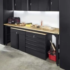 Husky 96 In. W X 23 In. D Adjustable Height Extra Wide Heavy Duty Black Workbench With Solid Wood Top -Husky Tools Shop husky workbenches htc1000014 31 1000