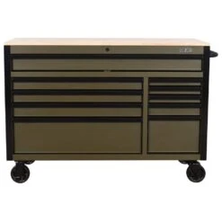 Husky Limited Edition 52 In. X 24.5 In. D 10-Drawer Army Green Mobile Workbench With Solid Wood Top -Husky Tools Shop matte army green husky tool cabinets h52mwc10army 40 1000