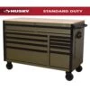 Husky Limited Edition 52 In. X 24.5 In. D 10-Drawer Army Green Mobile Workbench With Solid Wood Top -Husky Tools Shop matte army green husky tool cabinets h52mwc10army 64 1000