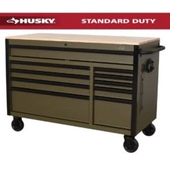 Husky Limited Edition 52 In. X 24.5 In. D 10-Drawer Army Green Mobile Workbench With Solid Wood Top