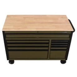 Husky Limited Edition 52 In. X 24.5 In. D 10-Drawer Army Green Mobile Workbench With Solid Wood Top -Husky Tools Shop matte army green husky tool cabinets h52mwc10army a0 1000