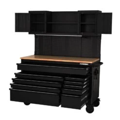Husky 56 In. W X 27.6 In. D 10-Drawer Matte Black Heavy-Duty Mobile Workbench With Pegboard And Top Cabinets -Husky Tools Shop matte black husky mobile workbenches h56ultwsmb a0 1000