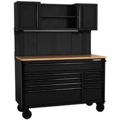 Husky 56 In. W X 27.6 In. D 10-Drawer Matte Black Heavy-Duty Mobile Workbench With Pegboard And Top Cabinets -Husky Tools Shop matte black husky mobile workbenches h56ultwsmb c3 1000