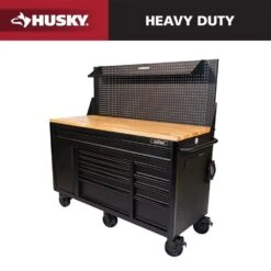 Husky 61 In. W X 26 In. D Heavy Duty 10-Drawer 1-Door Mobile Workbench With Hardwood Top, Pegboard And Shelf In Matte Black